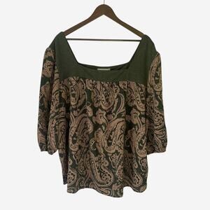 Suzanne Betro Weekend Blouse 3X Green Brown Paisley Print Flowy Boho Peasant Top